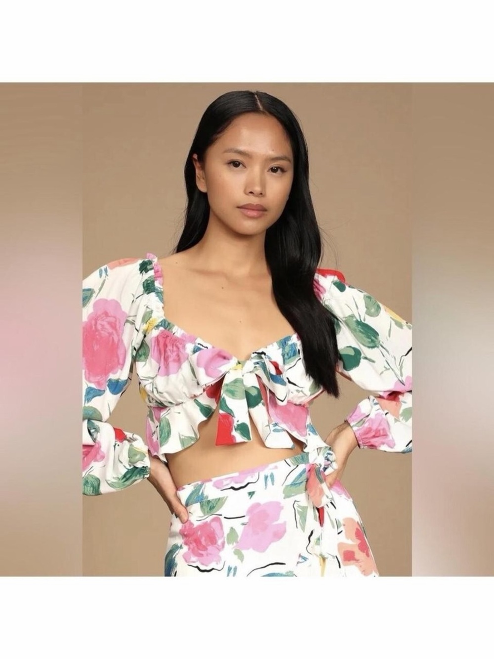 Lulu's Multicolor White Crop Top with Pink Floral Tie Front